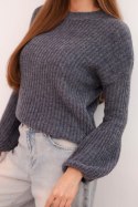 Sweter damski z baby alpaki z bufiastymi rękawami grafitowy