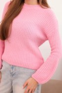 Sweter damski z baby alpaki z bufiastymi rękawami jasno różowy