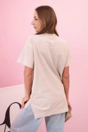 T-shirt damska oversize z sercem i frędzlami z krótkim rękawem beżowa
