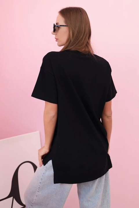 T-shirt damska oversize z sercem i frędzlami z krótkim rękawem czarna