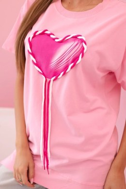 T-shirt damska oversize z sercem i frędzlami z krótkim rękawem jasno różowa