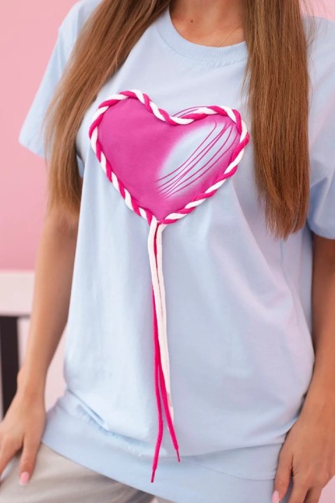 T-shirt damska oversize z sercem i frędzlami z krótkim rękawem niebieska