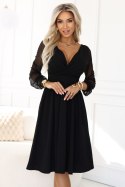 657-1 Elegancka sukienka midi z kopertowym dekoltem i tiulowymi rękawami - czarna