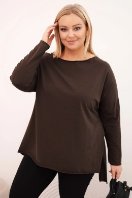 Bluzka damska bawełniana Plus Size asymetryczna z długim rękawem brązowa