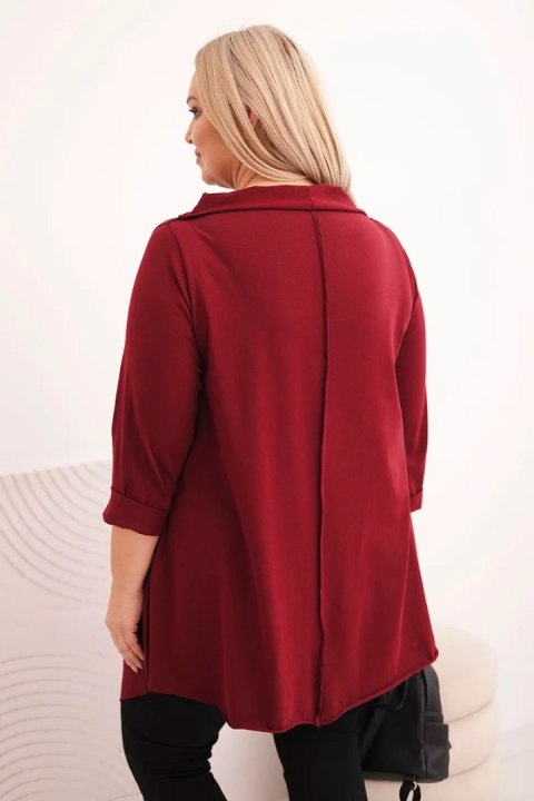 Bluzka damska bawełniana Plus Size asymetryczna z podwijanym rękawem bordowa