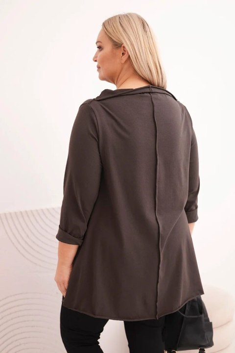 Bluzka damska bawełniana Plus Size asymetryczna z podwijanym rękawem brązowa