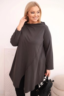 Bluzka damska bawełniana Plus Size asymetryczna z podwijanym rękawem grafitowa