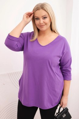 Bluzka damska bawełniana Plus Size z dekoltem V i podwijanym rękawem fioletowa