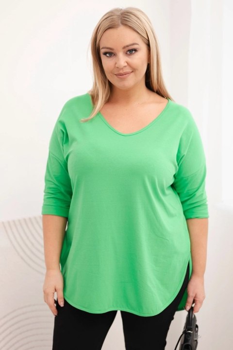 Bluzka damska bawełniana Plus Size z dekoltem V i podwijanym rękawem jasno zielona