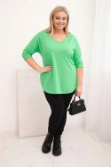Bluzka damska bawełniana Plus Size z dekoltem V i podwijanym rękawem jasno zielona