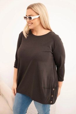 Bluzka damska Plus Size z bawełny z ozdobnymi guzikami i podwijanymi rękawami brązowa