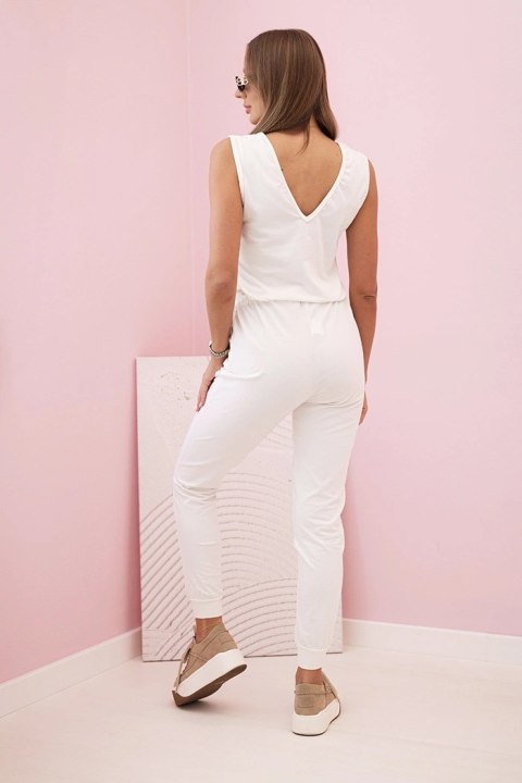 Kombinezon damski bawełniany bez rękawów z wiązaniem w talii ecru