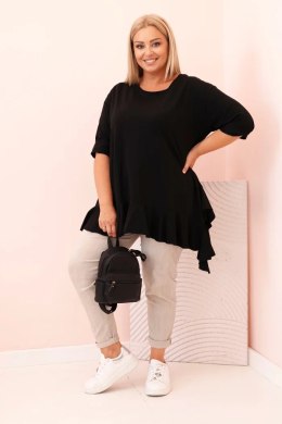 Bluzka damska Plus Size z bawełną z falbaną i rękawem podwijanym czarna