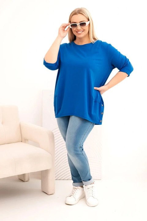 Bluzka damska Plus Size z bawełny z ozdobnymi guzikami i podwijanymi rękawami chabrowa