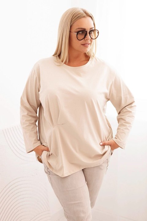 Bluzka damska plus size z bawełną z długim rękawem i marszczeniem beżowa