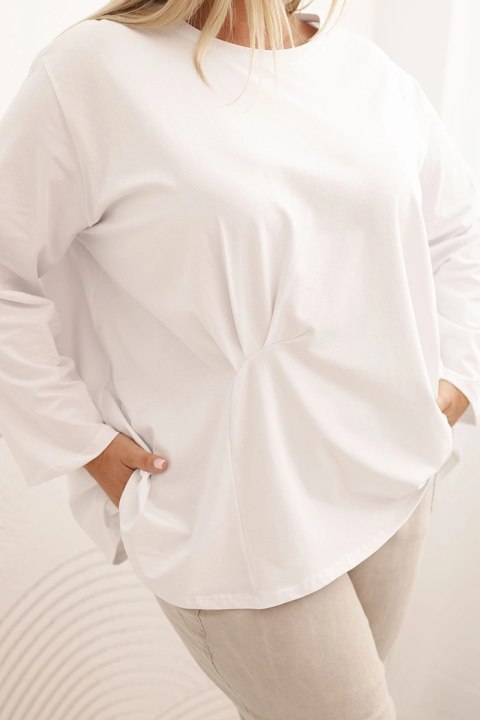 Bluzka damska plus size z bawełną z długim rękawem i marszczeniem biała
