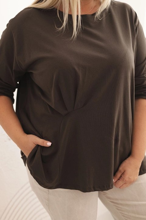 Bluzka damska plus size z bawełną z długim rękawem i marszczeniem brązowa