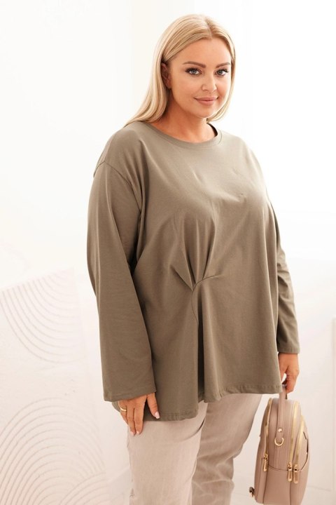 Bluzka damska plus size z bawełną z długim rękawem i marszczeniem khaki