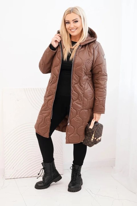 Kurtka damska Plus Size zimowa pikowana z kapturem czekoladowa