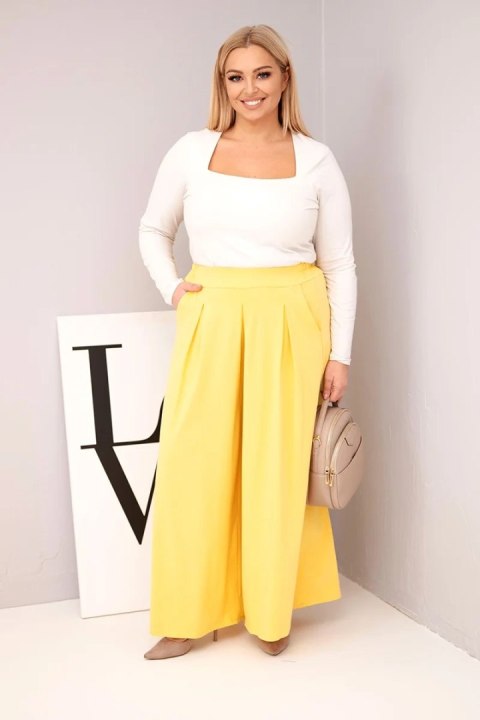 Spodnie damskie bawełniane Plus Size o szerokiej nogawce i luźnym kroju żółte