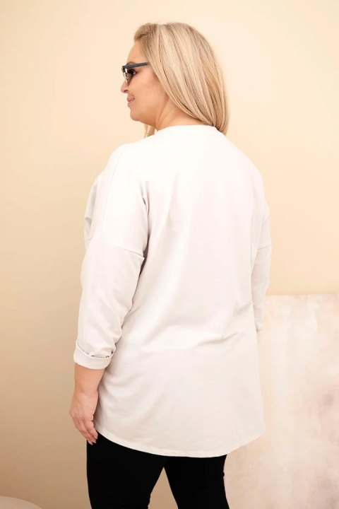 Bluzka damska Plus Size bawełniana z podwijanym rękawem i lampasem w panterkę beżowa
