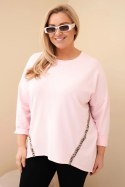 Bluzka damska Plus Size bawełniana z podwijanym rękawem i lampasem w panterkę cukierkowy róż