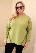 Bluzka damska Plus Size bawełniana z podwijanym rękawem i lampasem w panterkę oliwkowy
