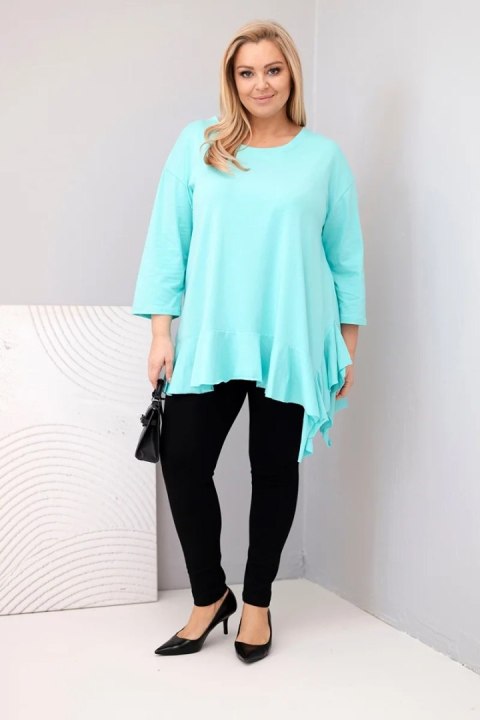 Bluzka damska Plus Size z bawełną z falbaną i rękawem podwijanym miętowa