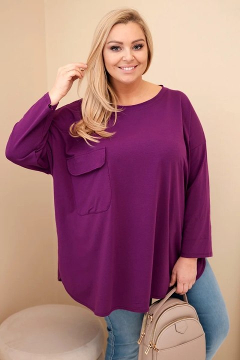Bluzka damska Plus Size z bawełną z kieszenią i rękawem podwijanym ciemno fioletowa