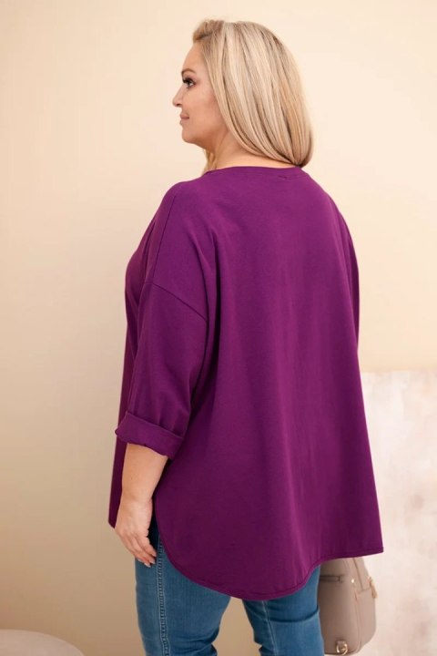 Bluzka damska Plus Size z bawełną z kieszenią i rękawem podwijanym ciemno fioletowa