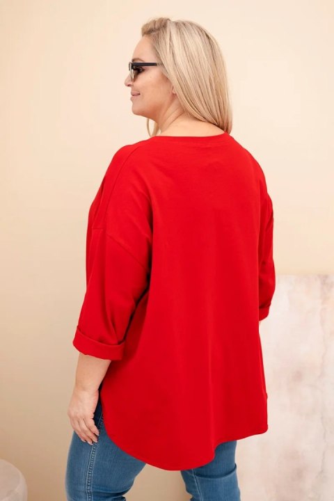 Bluzka damska Plus Size z bawełną z kieszenią i rękawem podwijanym czerwona
