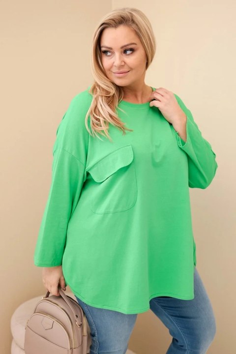 Bluzka damska Plus Size z bawełną z kieszenią i rękawem podwijanym jasno zielona