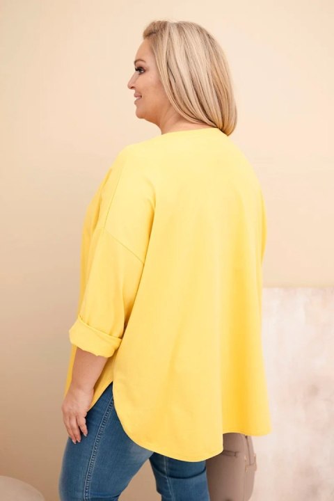 Bluzka damska Plus Size z bawełną z kieszenią i rękawem podwijanym żółta