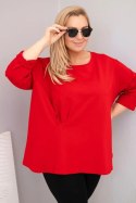 Bluzka damska plus size z bawełną z długim rękawem i marszczeniem czerwona