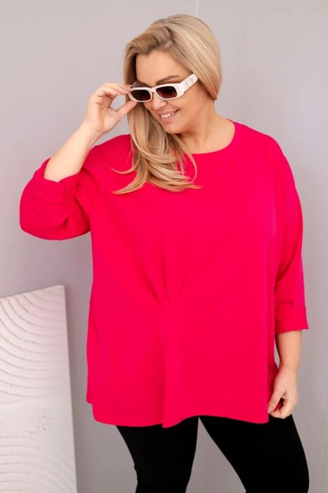 Bluzka damska plus size z bawełną z długim rękawem i marszczeniem fuksja