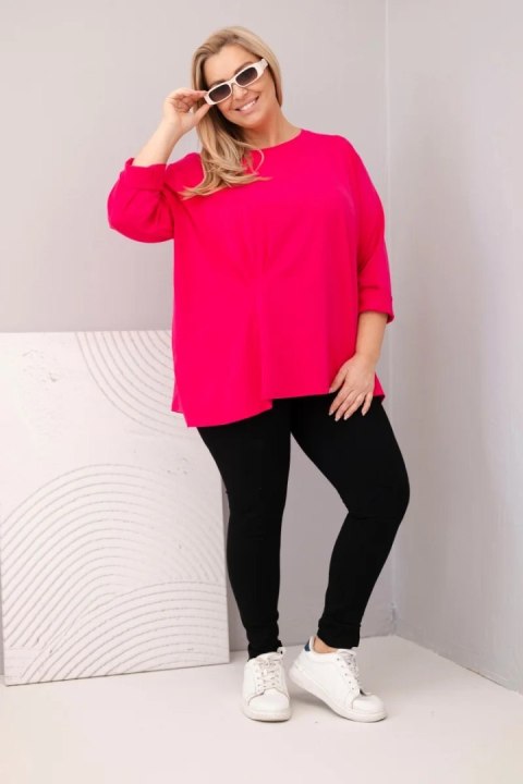 Bluzka damska plus size z bawełną z długim rękawem i marszczeniem fuksja