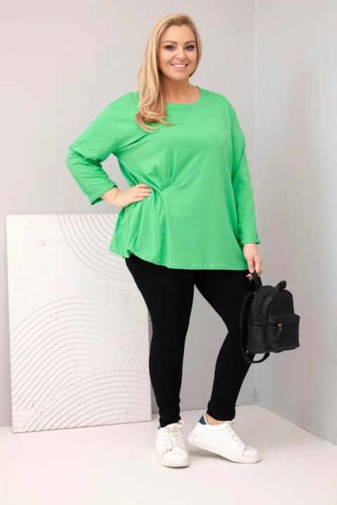 Bluzka damska plus size z bawełną z długim rękawem i marszczeniem jasno zielona