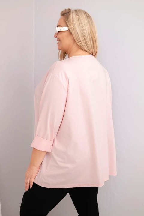 Bluzka damska plus size z bawełną z długim rękawem i marszczeniem pudrowy róż