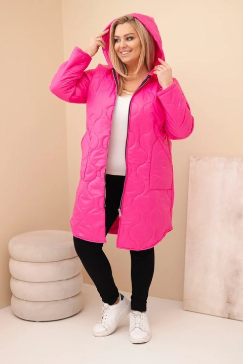 Kurtka damska Plus Size zimowa pikowana z kapturem różowy neon