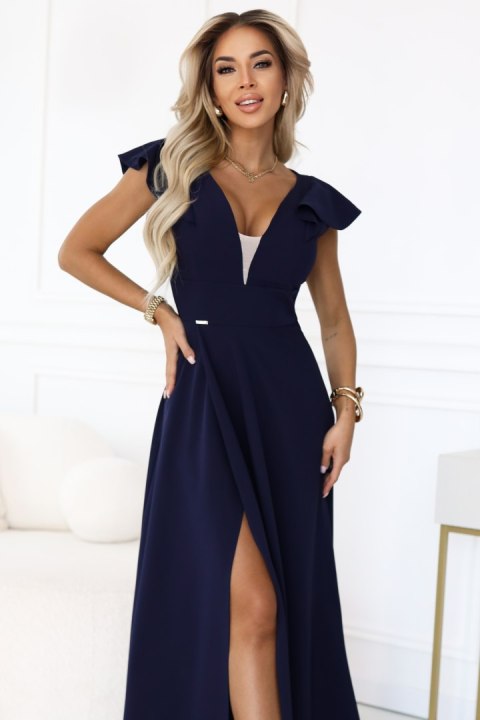 660-1 Elegancka sukienka maxi z falbankami, głębokim dekoltem i rozcięciem na nodze - granatowa