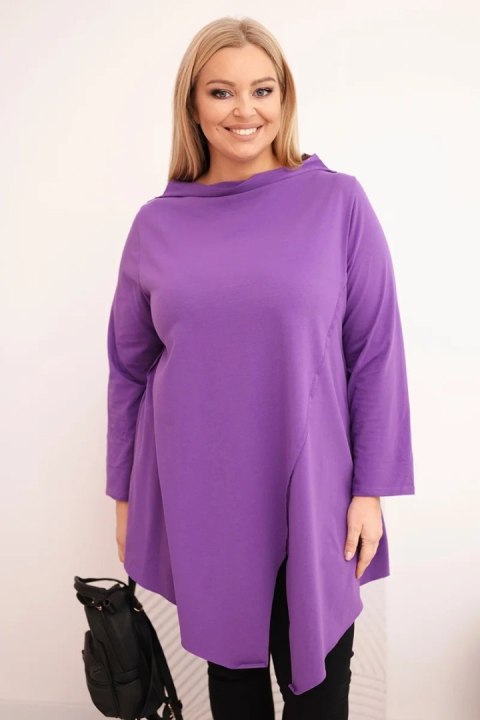 Bluzka damska bawełniana Plus Size asymetryczna z podwijanym rękawem fioletowa