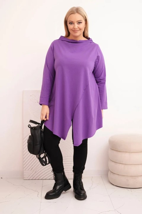 Bluzka damska bawełniana Plus Size asymetryczna z podwijanym rękawem fioletowa