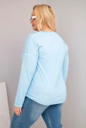 Bluzka damska Plus Size przecierana z dekoltem V i dłuższym tyłem niebieska
