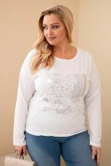 Bluzka damska Plus Size przecierana z nadrukiem i dłuższym tyłem biała