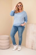 Bluzka damska Plus Size przecierana z napisem i perełkami jeansowa