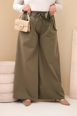 Spodnie damskie Plus Size z szeroką nogawką i ozdobnym kwiatem w talii khaki