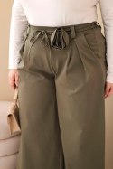 Spodnie damskie Plus Size z szeroką nogawką i ozdobnym kwiatem w talii khaki