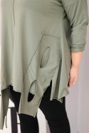 Bluzka damska bawełniana Plus Size z asymetrycznym dołem i wycięciami khaki