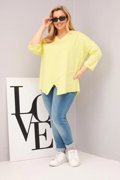Bluzka damska bawełniana Plus Size z głębokim dekoltem V i asymetrycznym dołem żółty neon