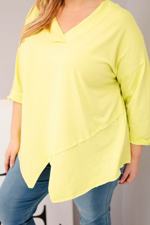 Bluzka damska bawełniana Plus Size z głębokim dekoltem V i asymetrycznym dołem żółty neon